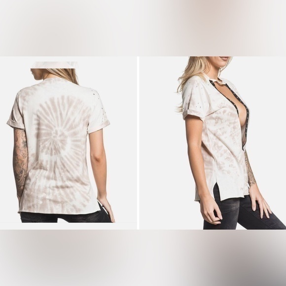 💠Affliction Open crew neck tie dye eyelet trim with rhinestones short sleeve - Picture 1 of 16